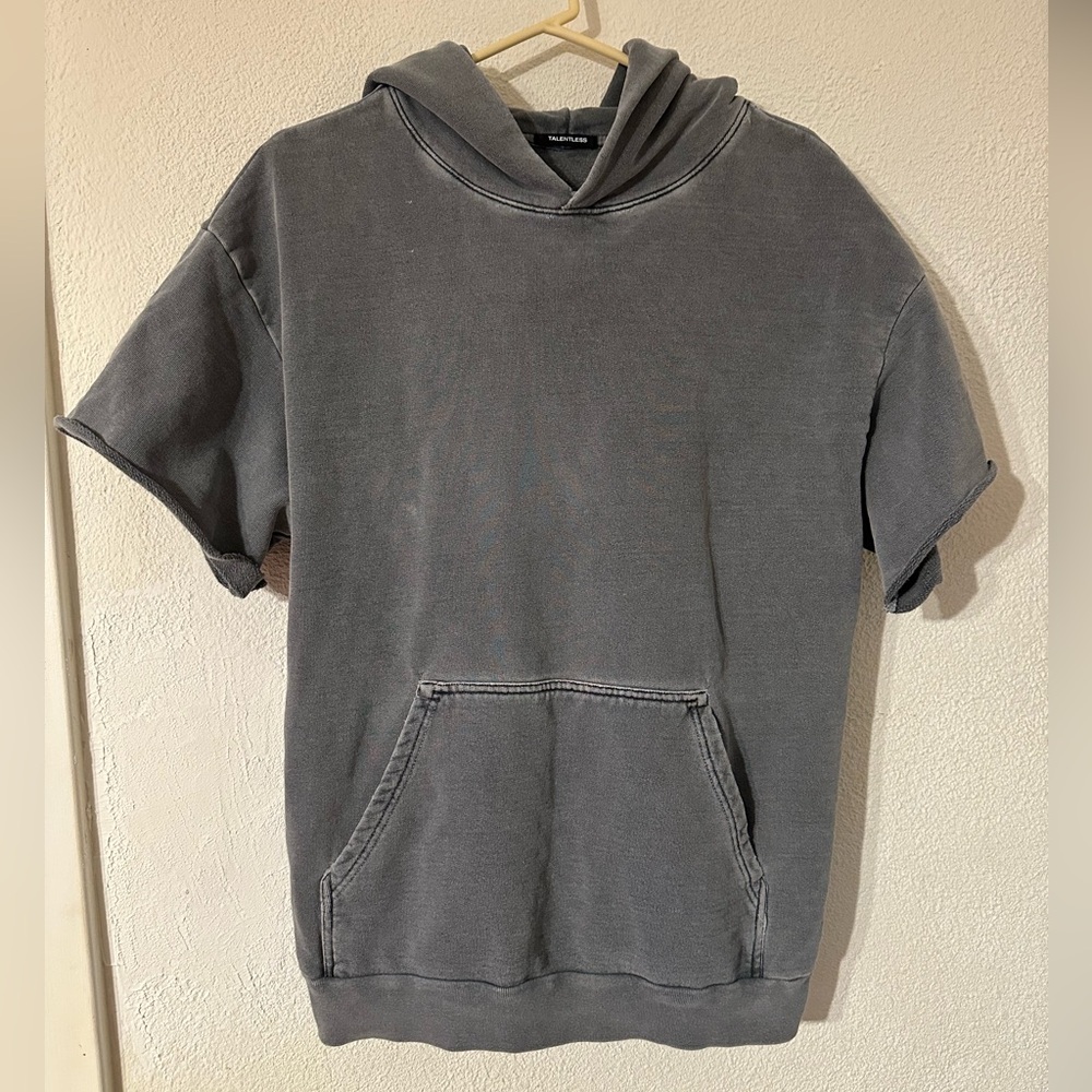 Talentless Pullover Heavyweight Hoodie Men Faded Gray Distressed Short Sleeve L